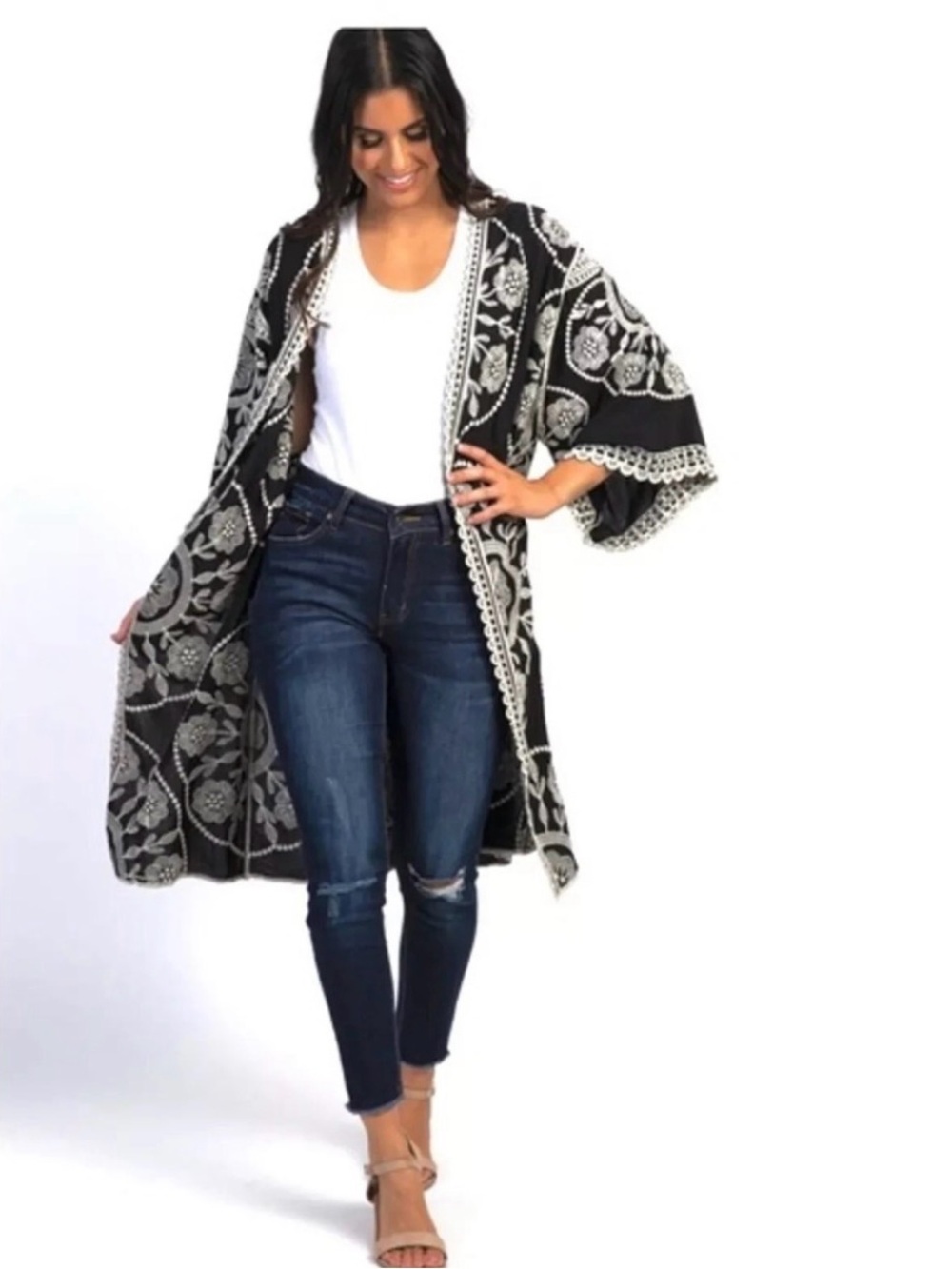 Peach Love California Black & White Embroidered Kimono Cardigan